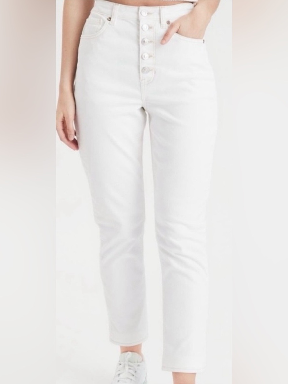 American Eagle White Stretch Button Fly Highest Rise Mom Jeans